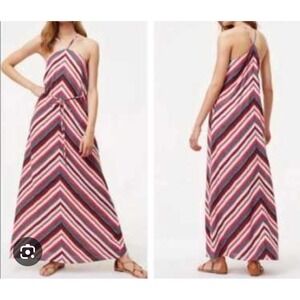 LOFT Halter Maxi Dress Sz M Petite Pink Chevron  Belted Linen Blend Travel Beach